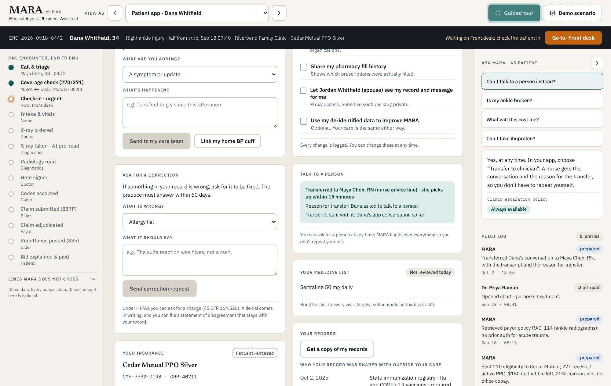 The patient app after "Transfer to clinician": a named nurse, the reason, the transcript, and an audit entry for the handoff.