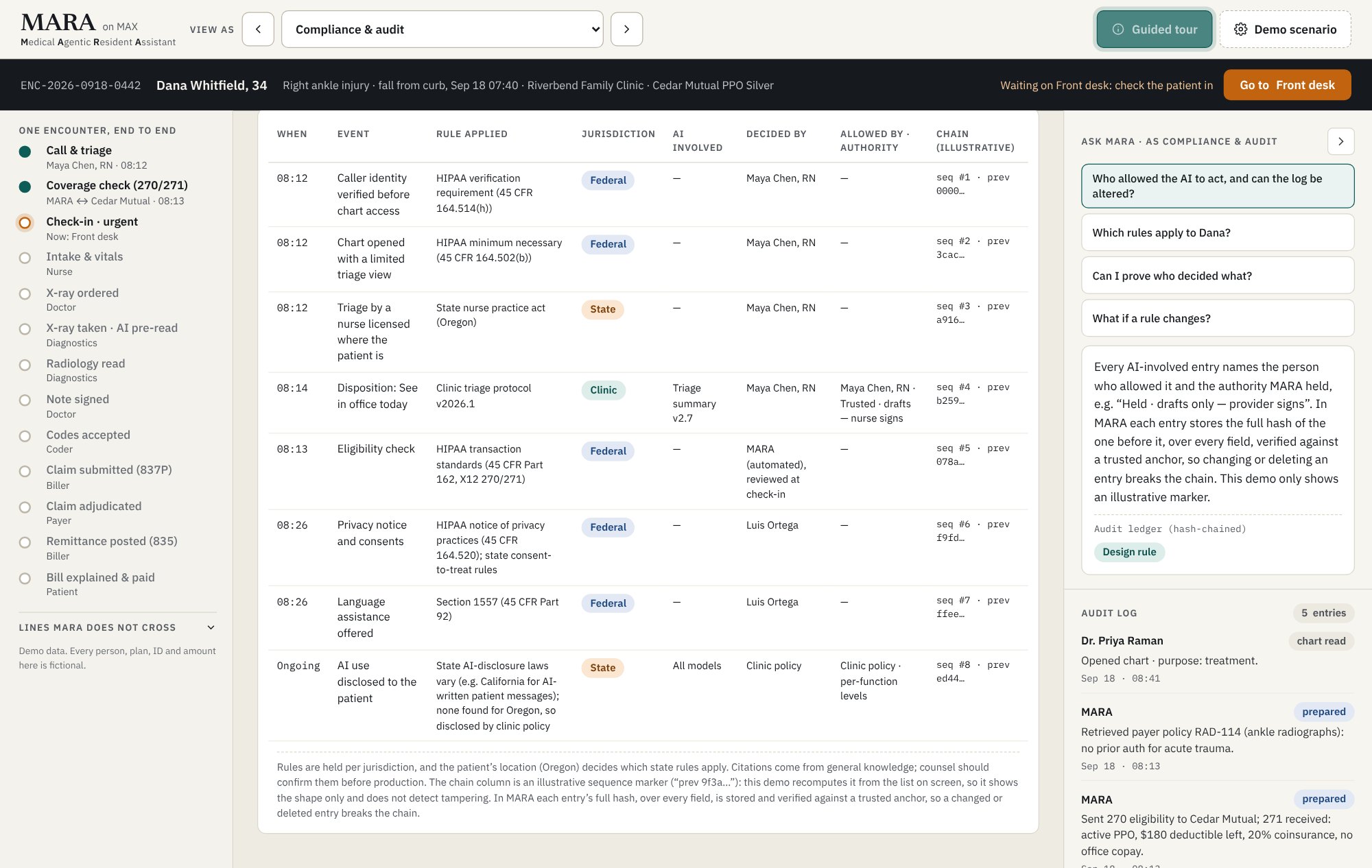 The compliance log with its two new columns, the authority behind each AI action and the illustrative chain marker.