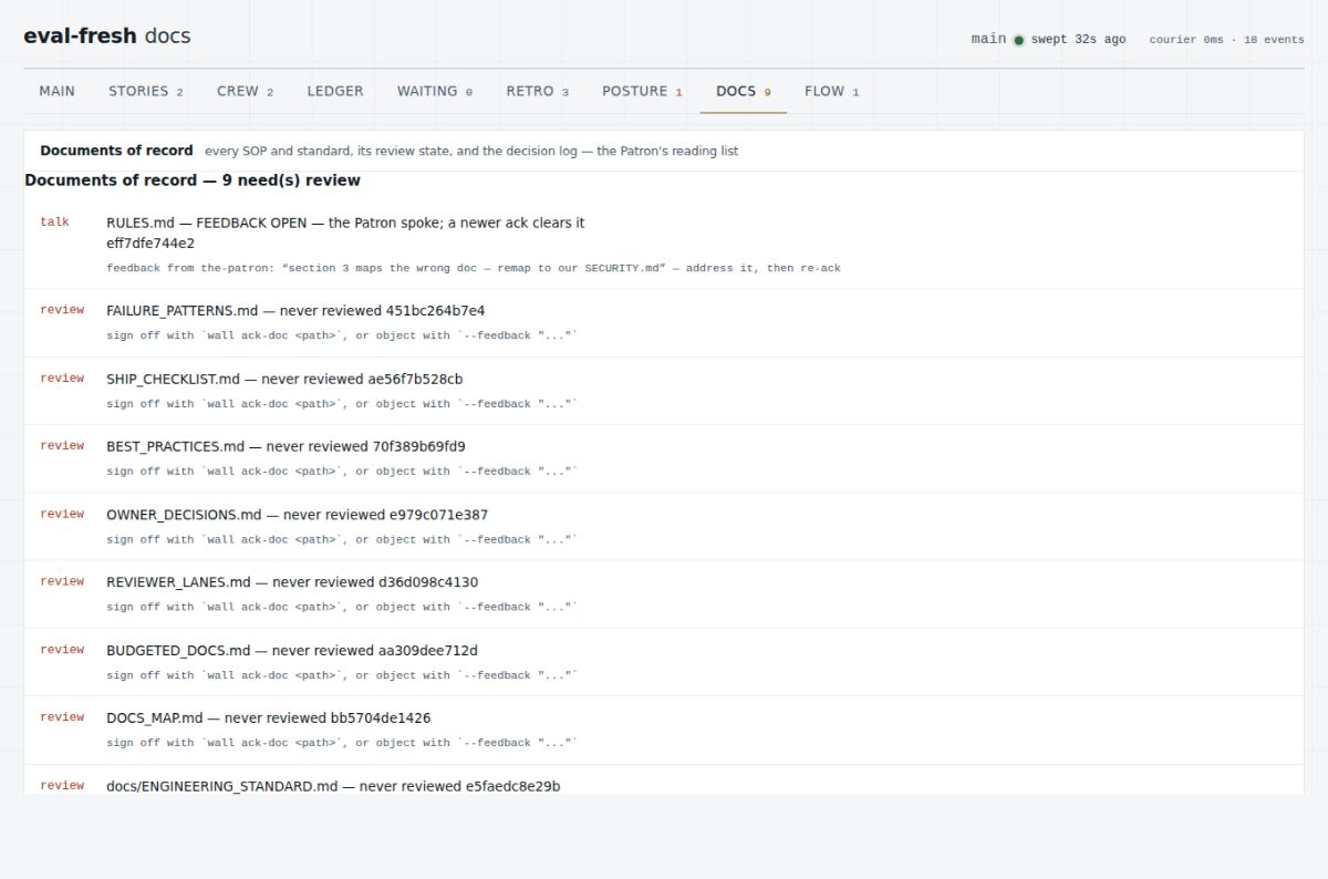 The DOCS tab — documents of record with review states and the decision log