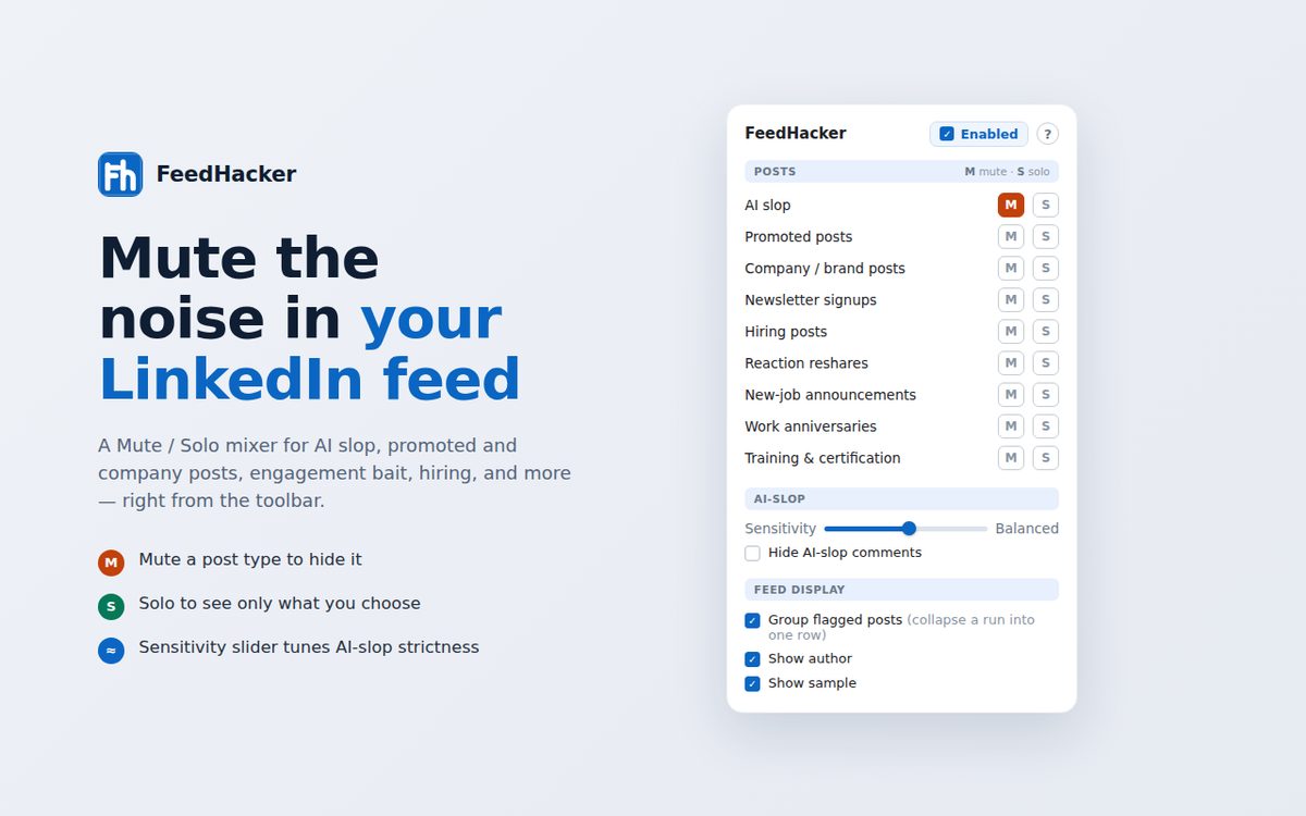 The FeedHacker toolbar popup: a list of post types — AI slop, promoted posts, company posts, newsletter signups, hiring, reaction reshares, new jobs, work anniversaries, training — each with its own Mute and Solo button, plus an AI-slop sensitivity slider.