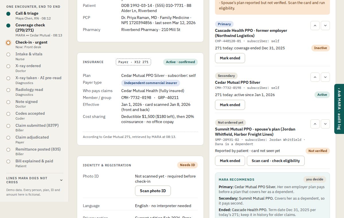 Check-in: the coverage order card shows a former employer's plan still listed first and a spouse's plan reported, with MARA's recommended order and the rule behind each position.