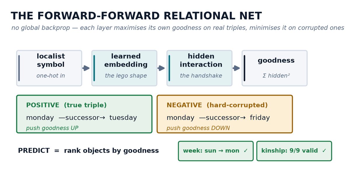 Diagram of the Forward-Forward relational net: localist symbol, learned embedding, hidden interaction, goodness &mdash; with a true triple pushing goodness up and a corrupted triple pushing it down, and no global backpropagation.