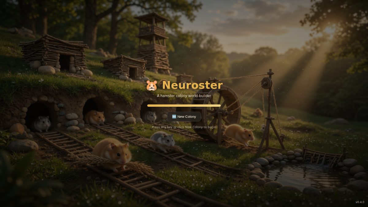 The Neuroster title screen: a sunlit woodland bank of log cabins, a watchtower and burrow mouths, hamsters hauling along twig rails, a water wheel at the right, and a New Colony button beneath the wordmark.