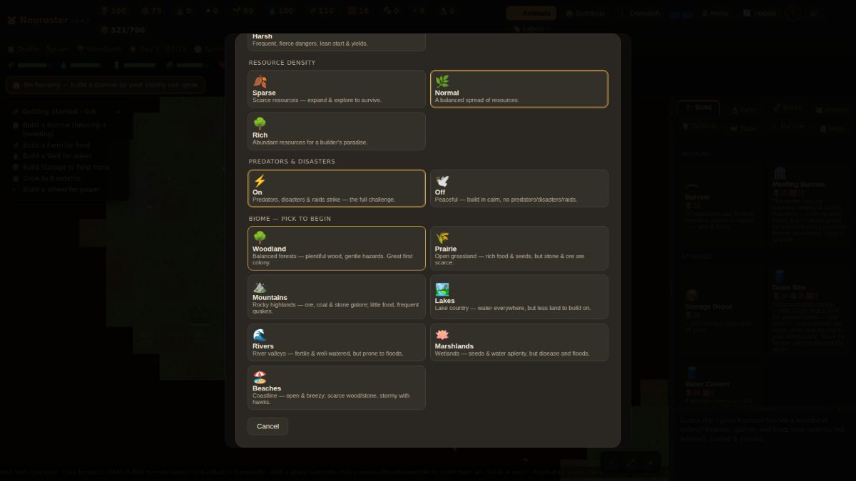 The new-colony setup dialog: resource density set to normal, predators and disasters on, and seven biomes to start in &mdash; woodland, prairie, mountains, lakes, rivers, marshlands and beaches &mdash; each with its stated trade-offs.
