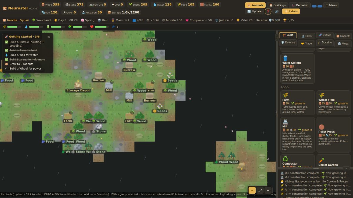 A working woodland colony in the rain: burrows, farms, mills, a wood farm and a storage depot laid across tiled terrain, the resource bar above, and the build panel offering a water cistern, farm, wheat field, mill and pellet press.