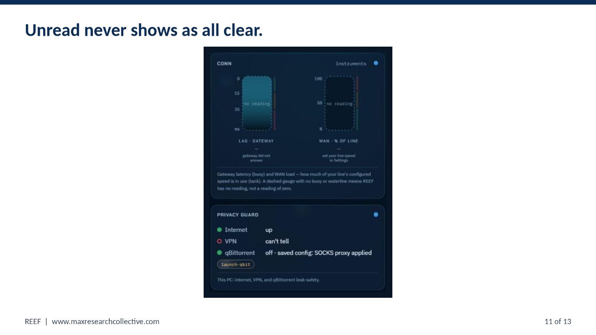 REEF's CONN panel with two tall gauges drawn as dashed outlines, each reading no reading, and a note that a dashed gauge means no reading rather than a reading of zero. Below it, Privacy Guard lists the internet as up, the VPN as can't tell, and qBittorrent as off.