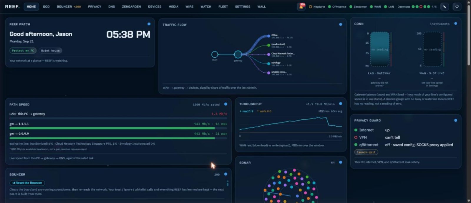 REEF's dashboard: a masked device inventory with per-device types and vendors beside a findings column, each finding opening with a plain sentence and closing with block, quarantine and ignore.