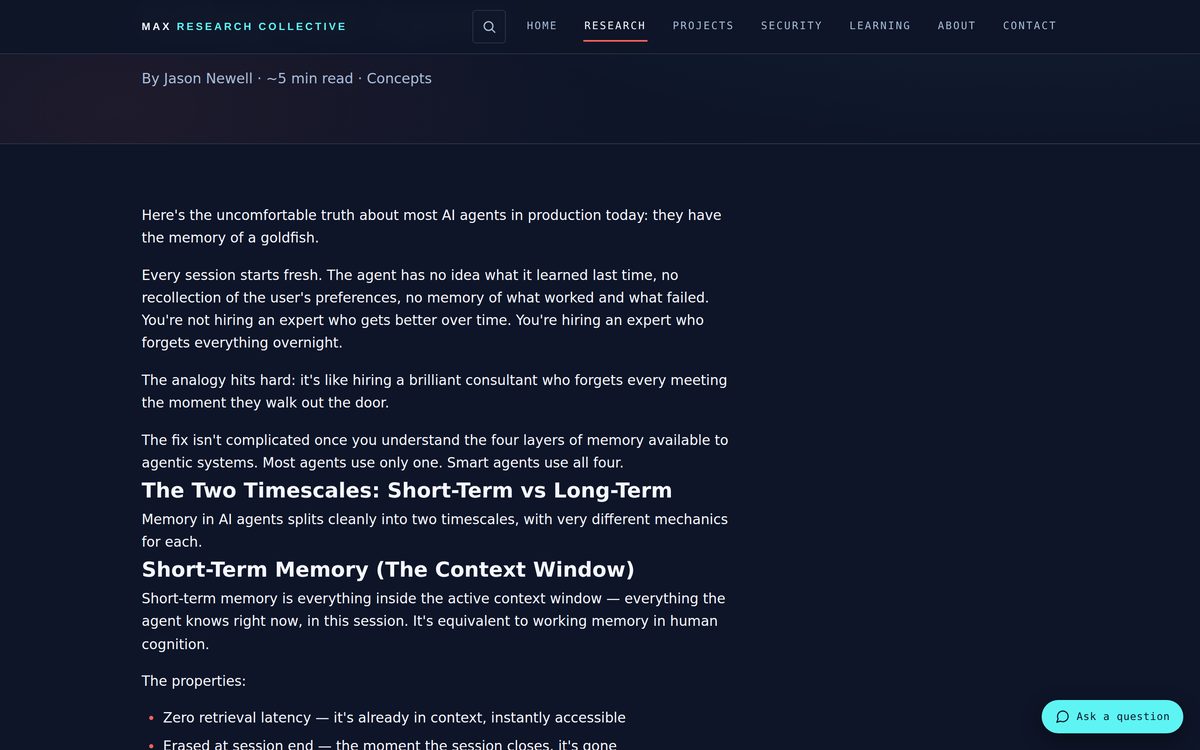 A generated article page — “AI Agent Memory” — showing the byline, read time and subject above body copy rendered from the source Word document.