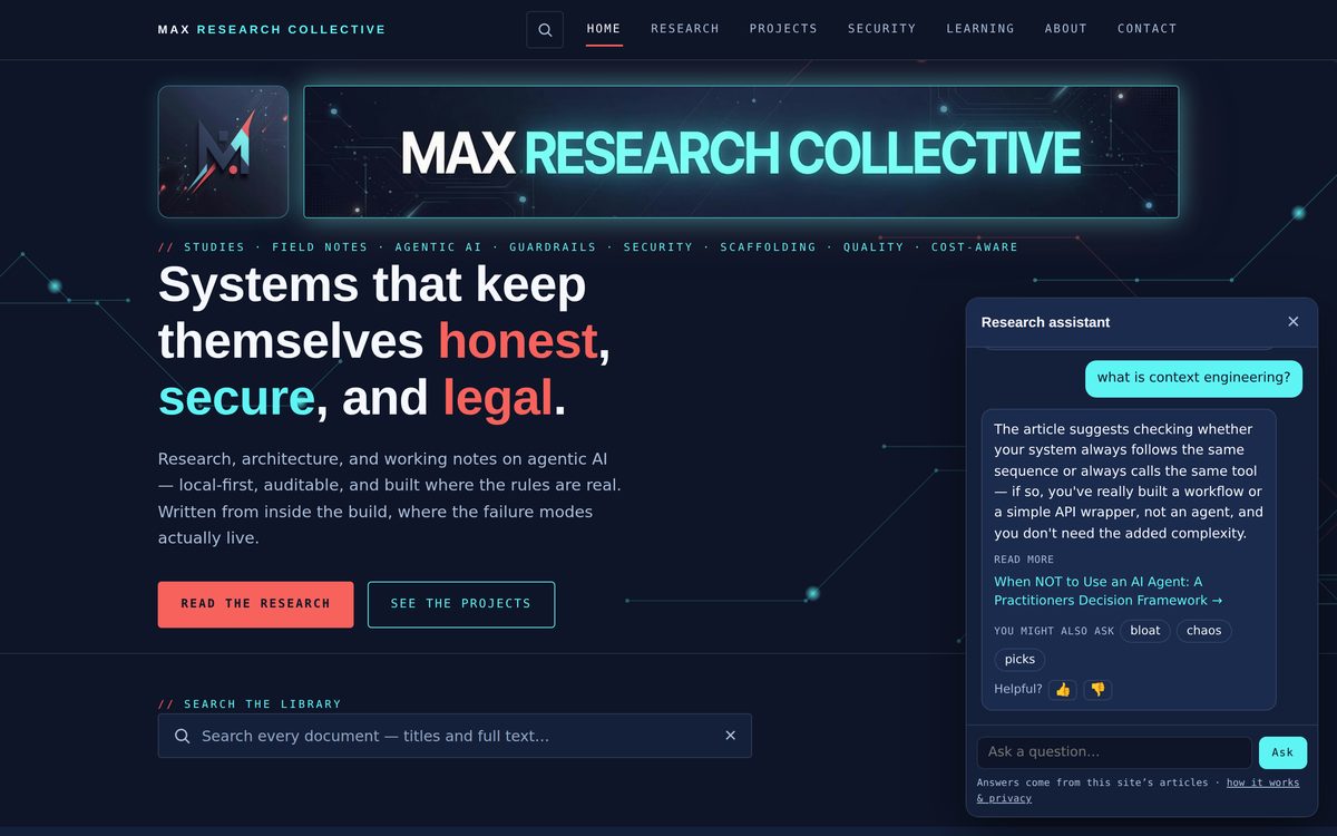 The research assistant panel open over the home page, answering “what is context engineering?” with a passage quoted from an article, a link to the source, follow-up chips, and thumbs-up / thumbs-down buttons.